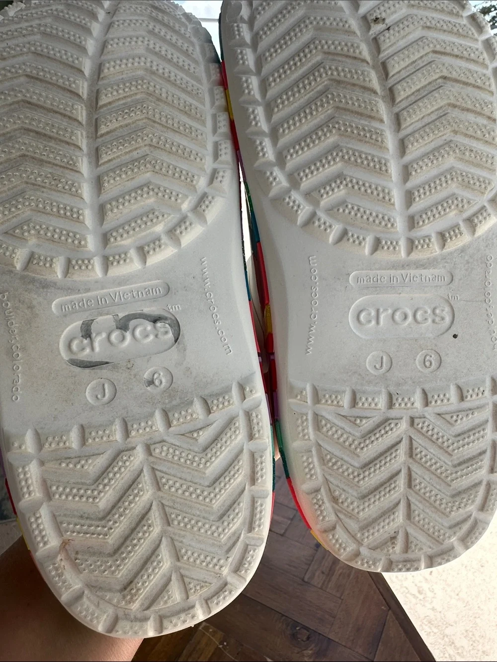 CROCS White Kids Clogs with Rainbow Chevron Trim, Junior 6